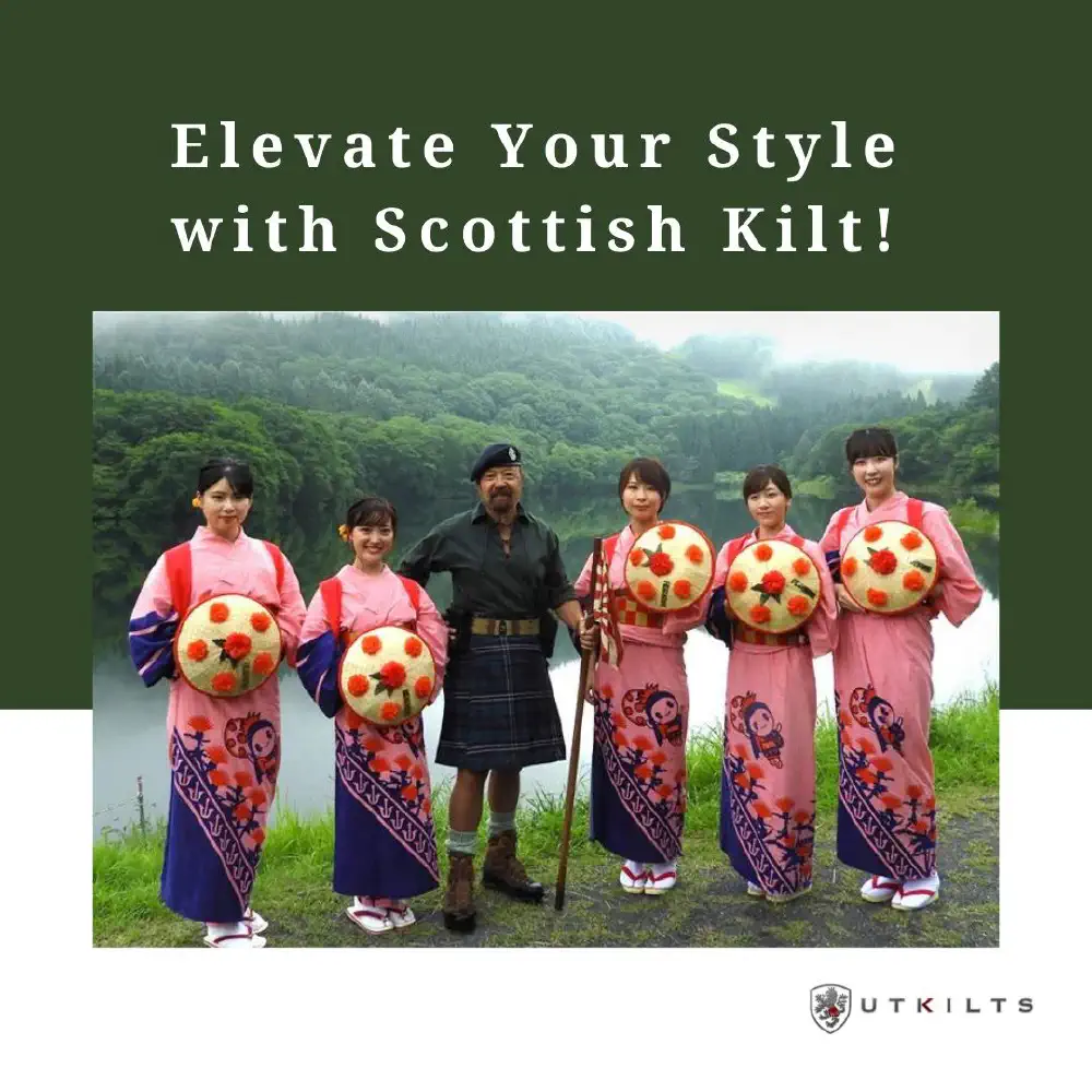 UT Kilts promotional artwork featuring a kilt wearer with a group beside a lake.